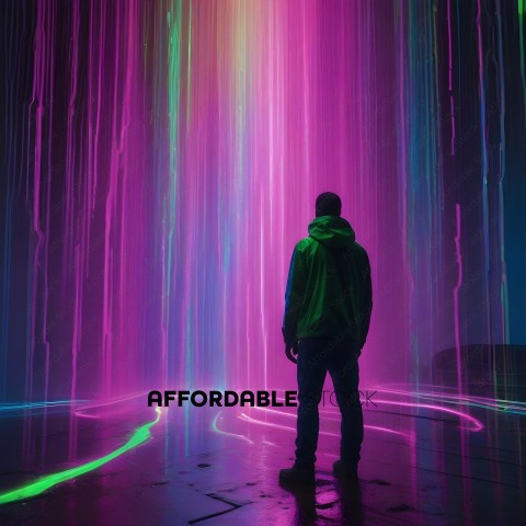 A man in a green jacket standing in front of a pink light show