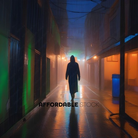 A person in a long robe walks down a rain soaked alley
