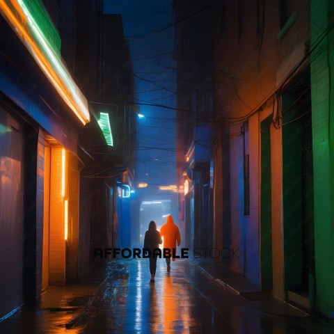 Two people walking down a rain soaked street at night