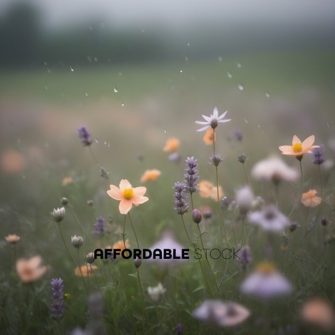 A field of flowers with a light rain falling