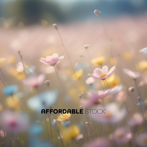 A field of flowers with a pink flower in the foreground