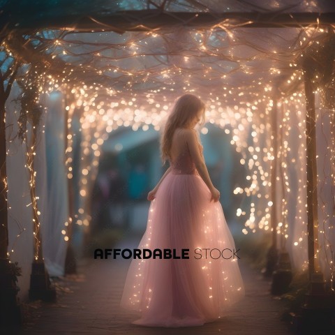 A woman in a pink dress stands under a canopy of lights