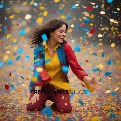 A woman in a yellow and red jacket kneels in a confetti covered area