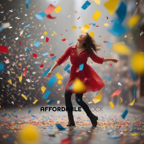 A woman in a red dress dancing in a confetti storm