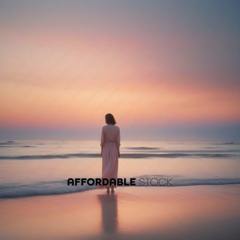 A woman in a white dress stands on the beach at sunset