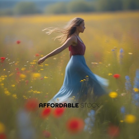 A woman in a blue dress is running through a field of flowers