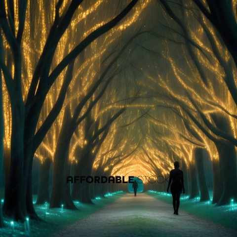 A person walking through a lit tunnel of trees