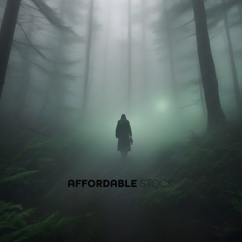 A person walking through a foggy forest