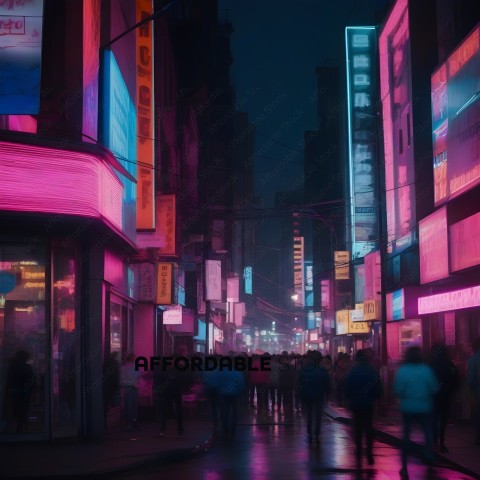 People walking down a city street at night