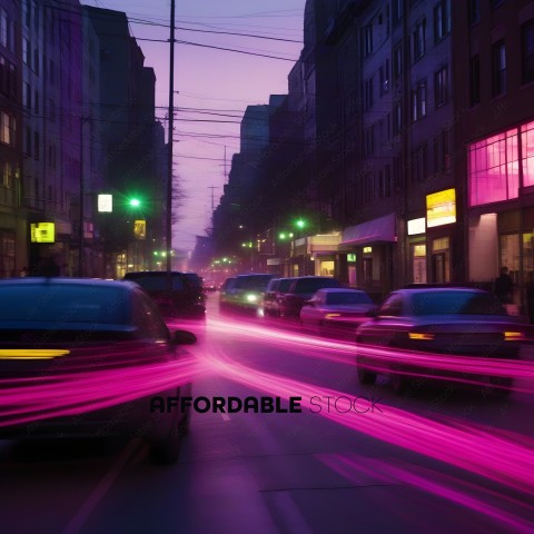 A blurry city street at night with cars and people