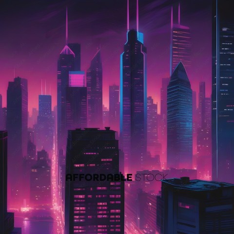 A cityscape with a pink skyline
