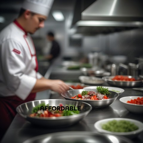 A chef prepares a salad in a commercial kitchen