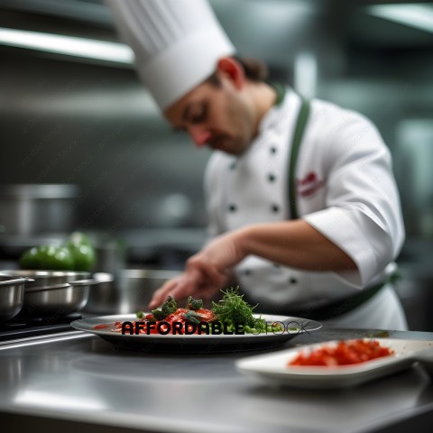 A chef preparing a meal with vegetables and sauce