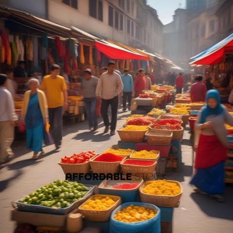A busy market with many people and produce