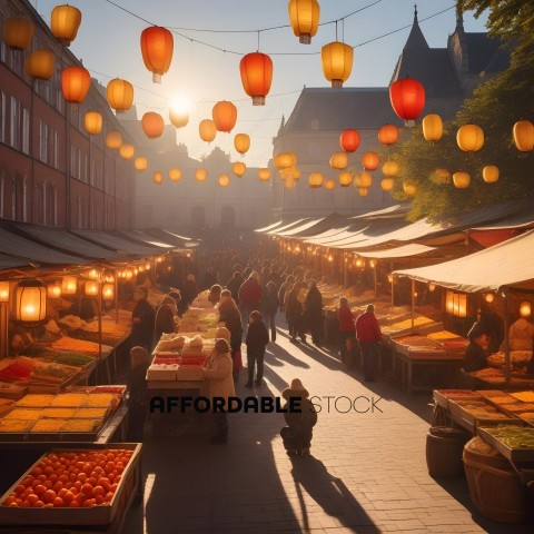 People shopping at an outdoor market with lanterns hanging from the ceiling