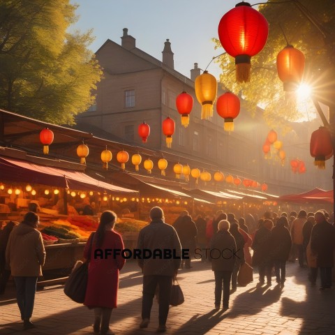 People walking down a street with red lanterns