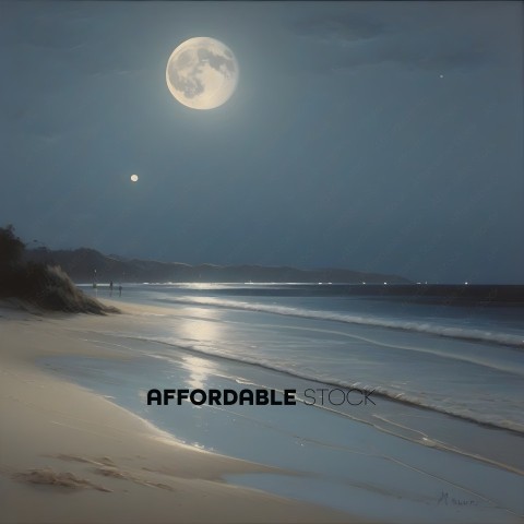A painting of a beach at night with a full moon