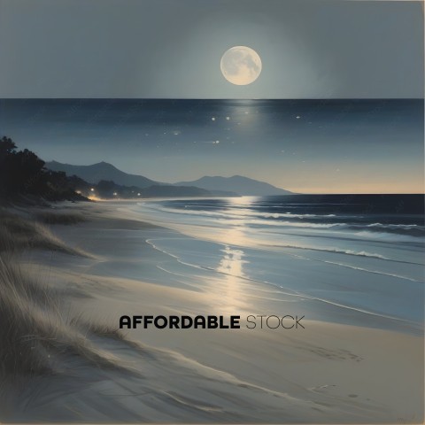 A painting of a beach at night with a full moon