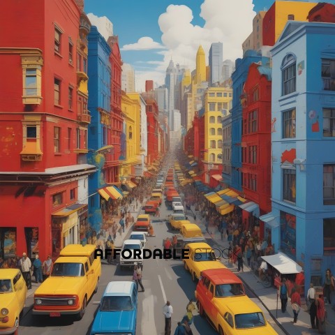 A busy city street with yellow taxis and red cars