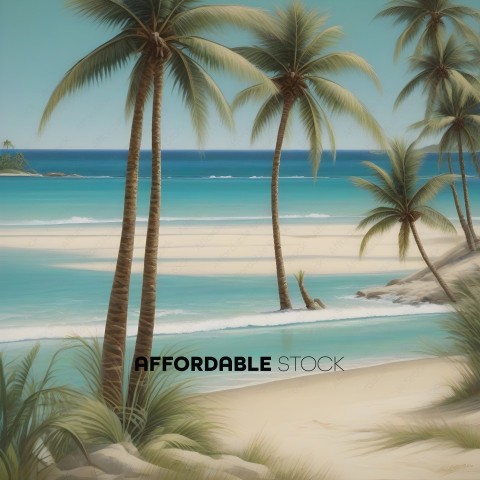 A beautiful beach scene with palm trees and ocean waves