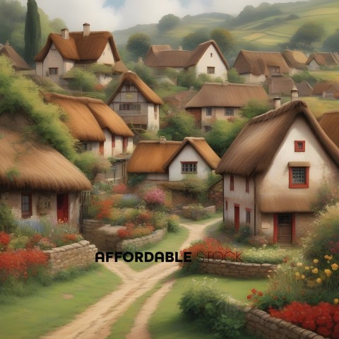 A picturesque village with thatched roofs and flowers