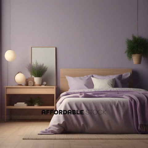 A bedroom with a purple bedspread and a mirror
