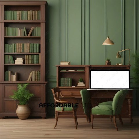 A desk with a laptop and two chairs in a room with green walls