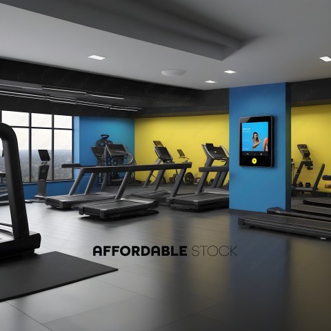 A gym with a lot of treadmills and a television