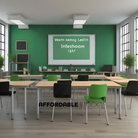 A classroom with a green wall and a whiteboard