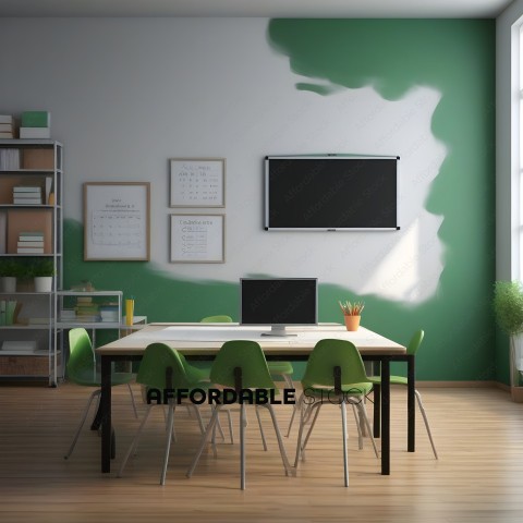 A green room with a desk and chairs