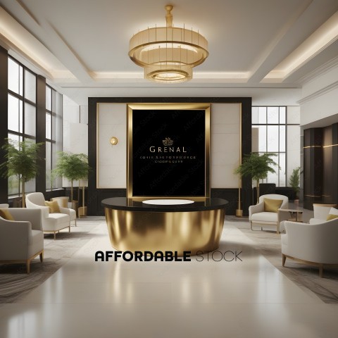 A luxurious lobby with a black and gold theme
