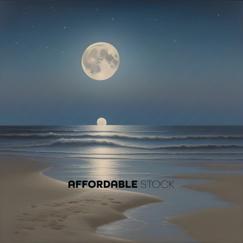 A beautiful painting of a beach at night with a full moon and a single star