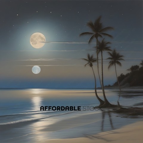 A painting of a beach at night with a full moon and two smaller moons