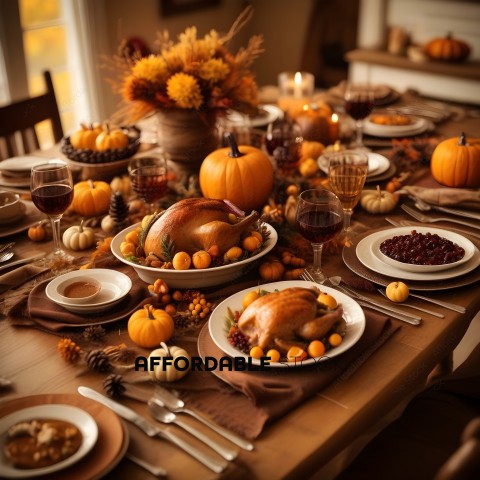 A Thanksgiving Dinner Table with a Turkey, Pumpkins, and Wine