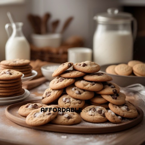 A stack of chocolate chip cookies on a wooden tray