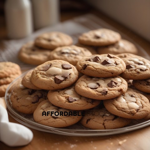 A plate of cookies with chocolate chips and white frosting