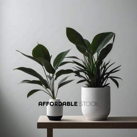 Two plants in white vases on a table