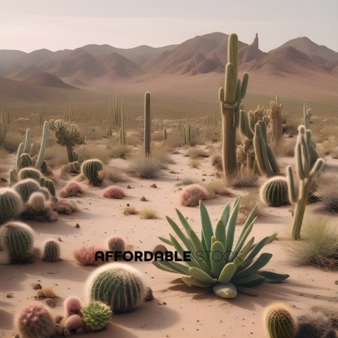 A desert landscape with cactus plants