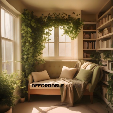 A cozy corner with a green couch and a bookshelf