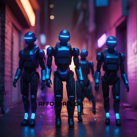 A group of robots walking down a street at night