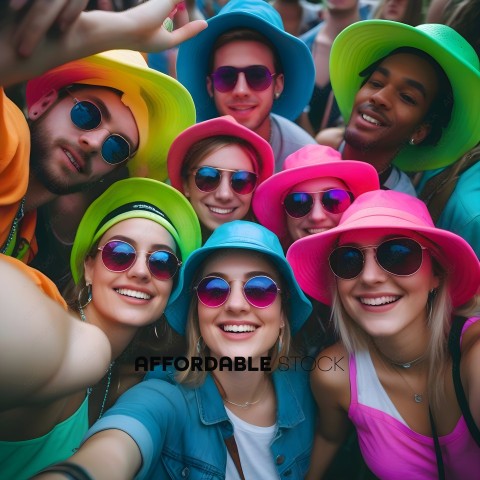 A group of people wearing colorful hats and sunglasses