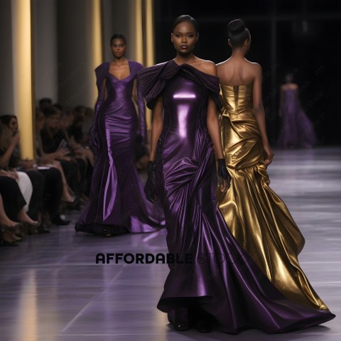 Purple and Gold Gowns on a Runway