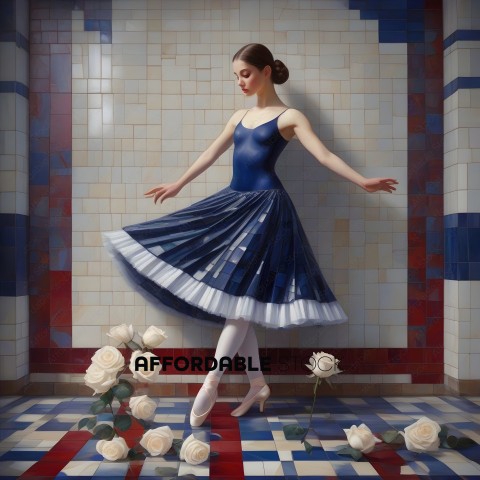 A ballerina in a blue dress and white petticoat poses in front of a tile wall