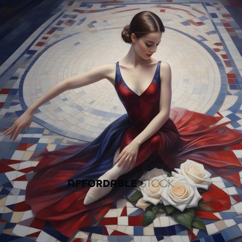 A Ballerina Sits on a Mosaic Floor with Flowers
