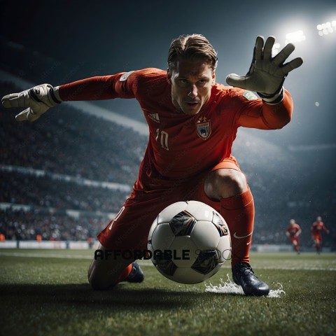 Soccer Player in Red Uniform Kneeling on Field with Ball