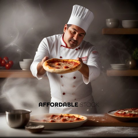 A chef in a white uniform is holding a pizza