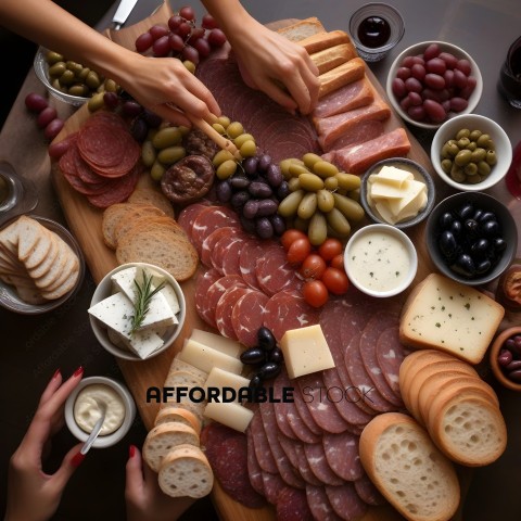 A variety of foods including bread, cheese, olives, and meat