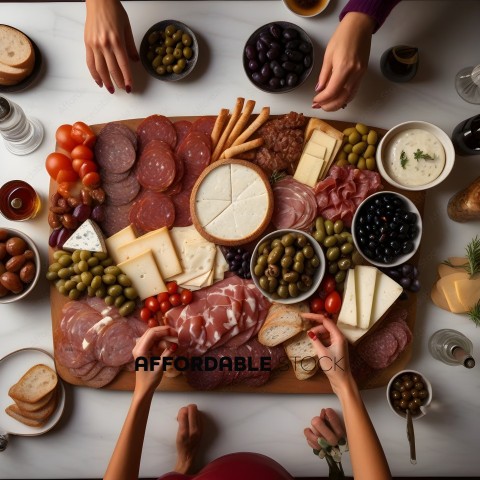 A table full of food with two hands reaching for it
