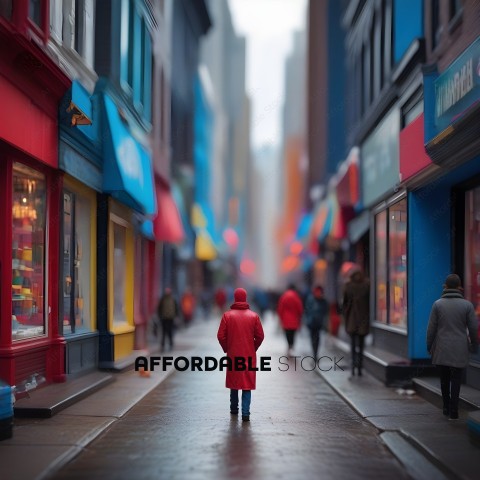 A person in a red coat walking down a street