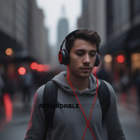 A man wearing headphones and a backpack walking down a street